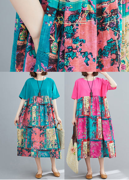 Italian Rose O-neck Patchwork Pocket Vacation Dress Short Sleeve
