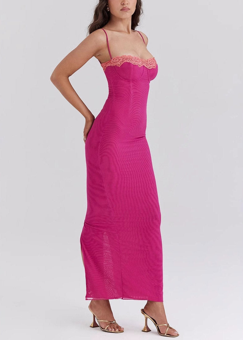 Italian Rose Side Open Tulle Maxi Spaghetti Strap Dresses Sleeveless