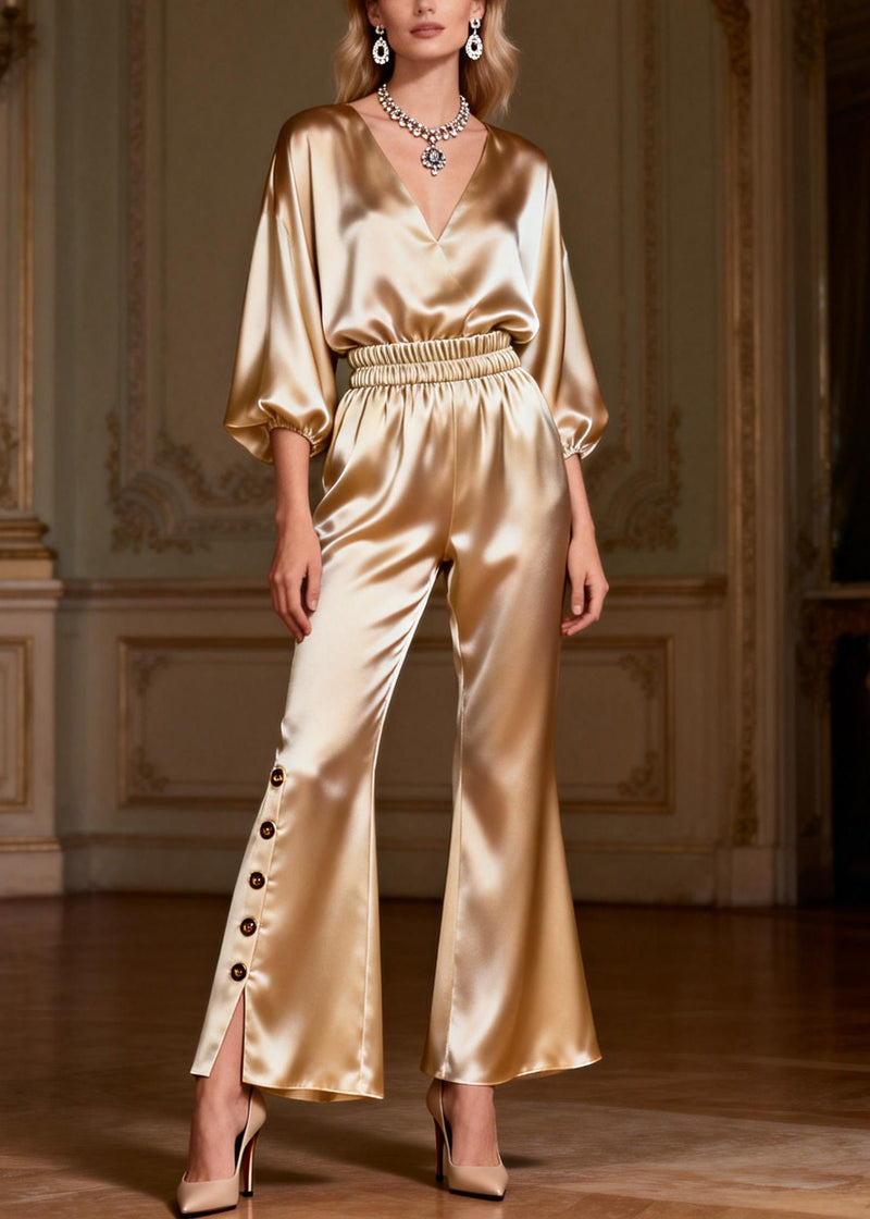 Italian V Neck Button Elastic Waist Silk Two Pieces Set Bracelet Sleeve
