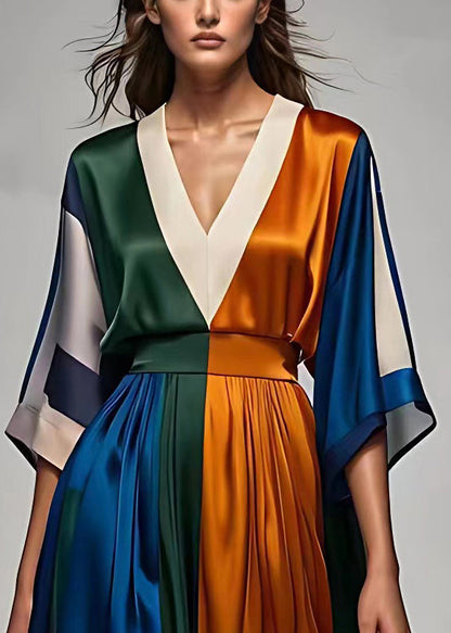 Italian V Neck High Waist Patchwork Silk Maxi Dress Half Sleeve