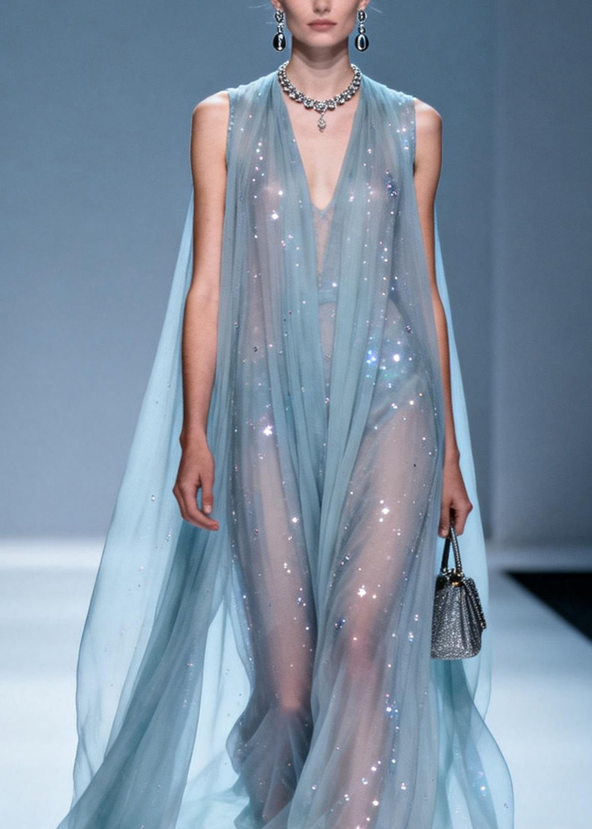 Italian V Neck Zircon Patchwork Chiffon Dress Sleeveless