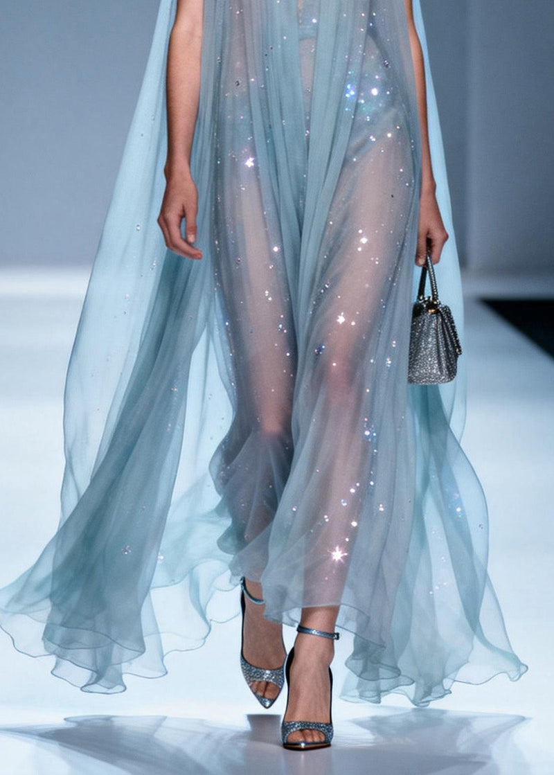 Italian V Neck Zircon Patchwork Chiffon Dress Sleeveless