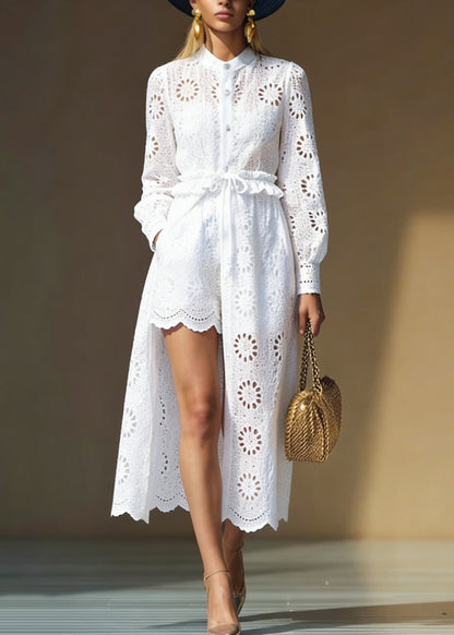 Italian White Hollow Out Cardigans and Shorts Cotton Two Pieces Set Spring
