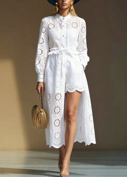 Italian White Hollow Out Cardigans and Shorts Cotton Two Pieces Set Spring