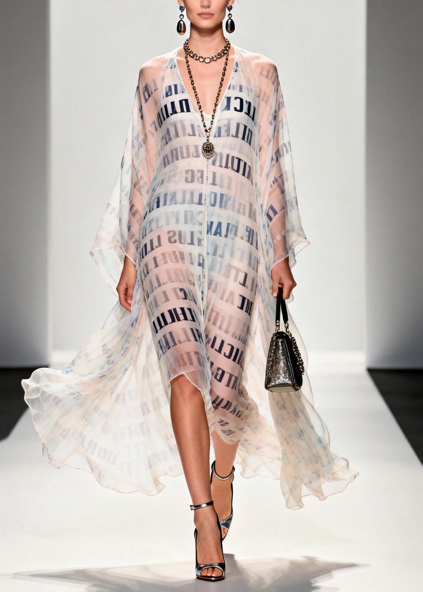 Italian White Letter Print Draping Chiffon Sheer Dress Summer