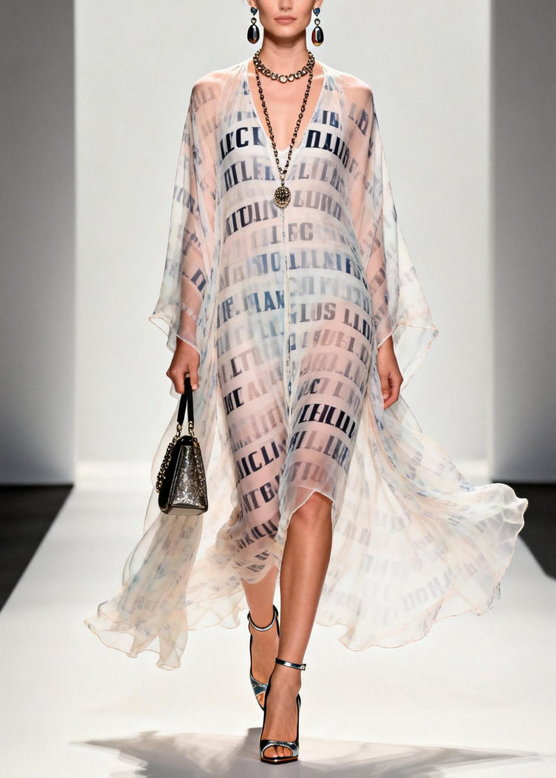 Italian White Letter Print Draping Chiffon Sheer Dress Summer
