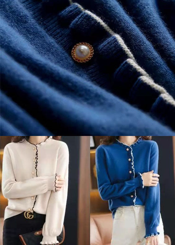 Italian White O-neck Ruffled Pearl Button Knit Cardigan Winter