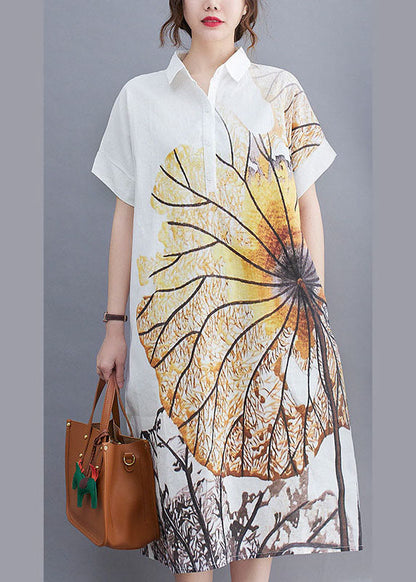 Italian White Peterpan Collar Button Print Loose Summer Short Sleeve Dresses