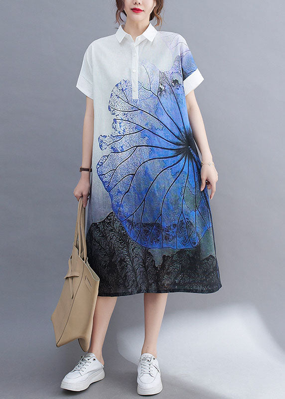 Italian White Peterpan Collar Button Print Loose Summer Short Sleeve Dresses