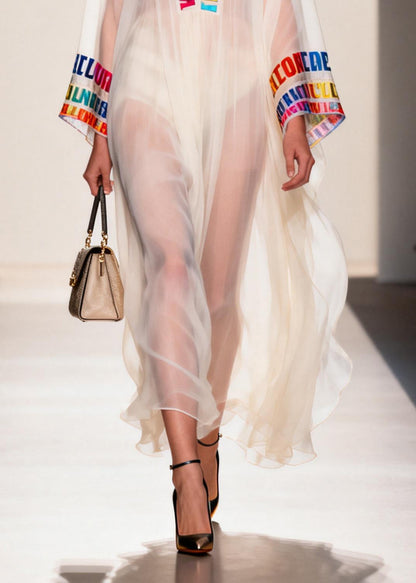 Italian White V Neck Letter Print Chiffon Sheer Dress Summer