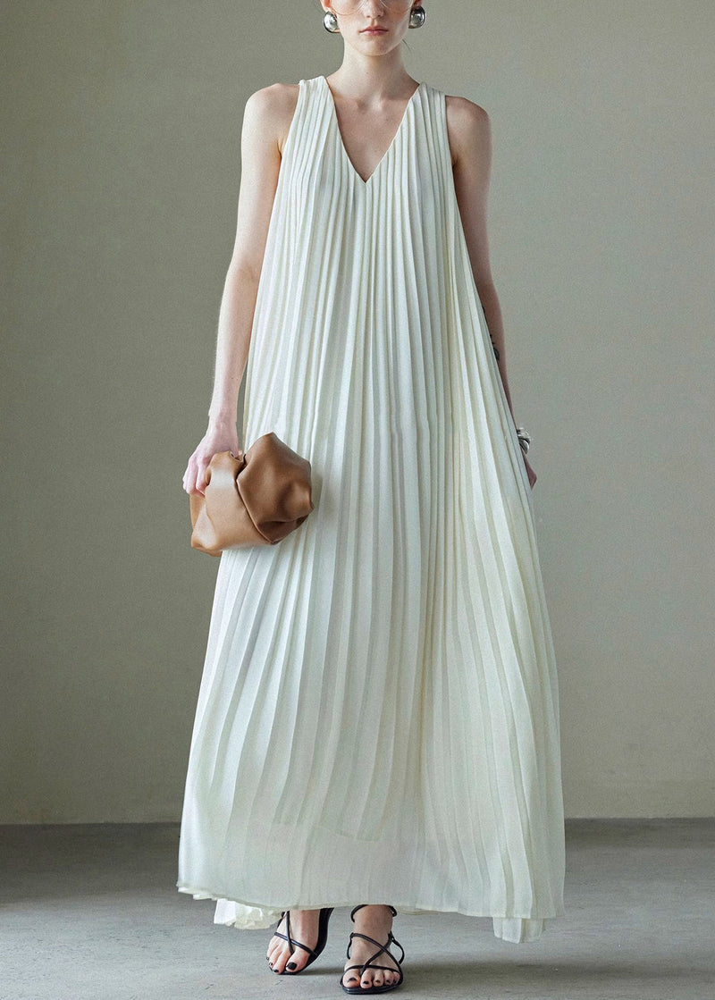 Italian White V Neck Wrinkled Chiffon Maxi Dresses Sleeveless