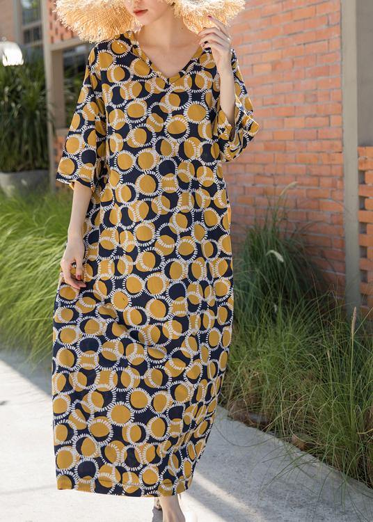Italian Yellow Dotted Summer Cotton Dress Caftans