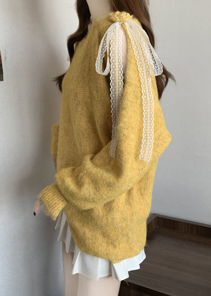Italian Yellow Hollow Out Lace Patchwork Knit Sweater Spring