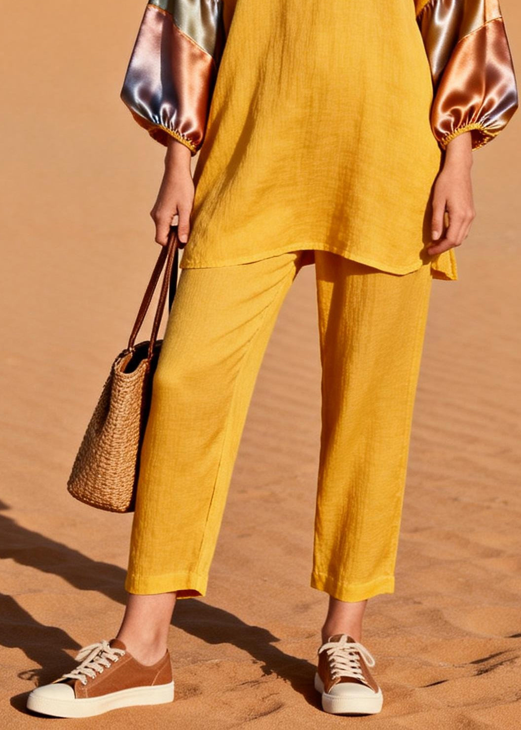Italian Yellow V Neck Patchwork Silk Cotton Two Piece Suit Set Spring