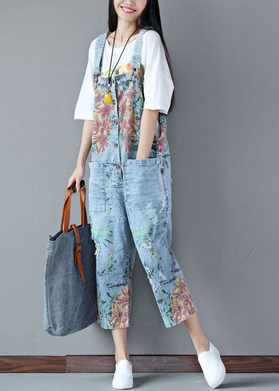 Italian Light Blue Pockets Print Ripped Jeans Jumpsuits Summer