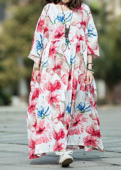 Italian O Neck Large Hem Linen Cotton Long Dress White Print Dresses Summer