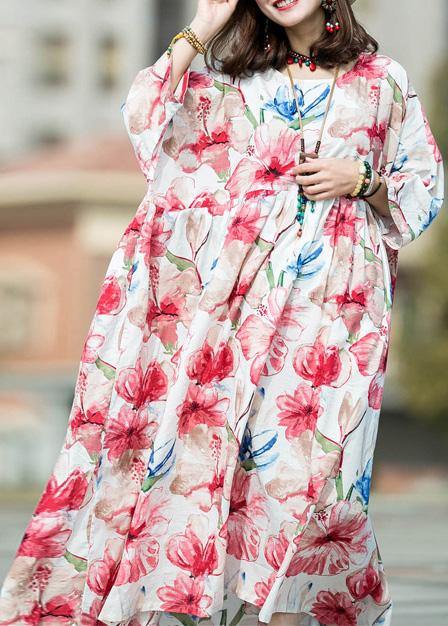 Italian O Neck Large Hem Linen Cotton Long Dress White Print Dresses Summer
