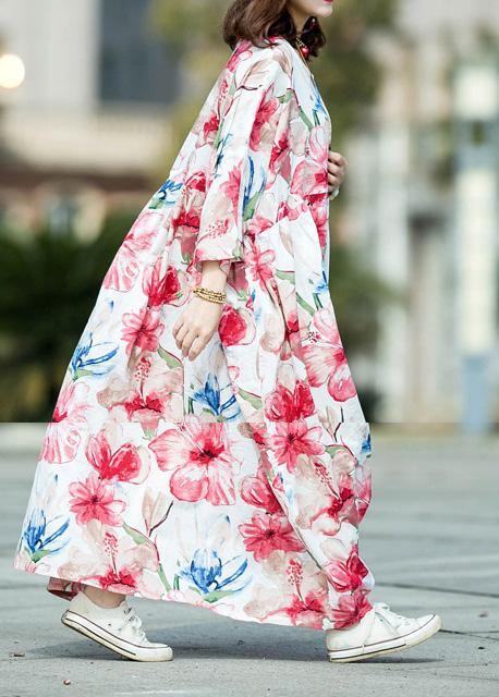 Italian O Neck Large Hem Linen Cotton Long Dress White Print Dresses Summer