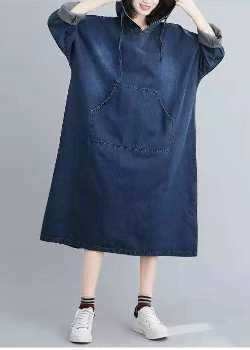Italian Hooded Pockets Spring Clothes Denim Blue Traveling Dresses