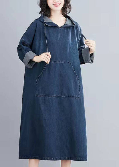 Italian Hooded Pockets Spring Clothes Denim Blue Traveling Dresses