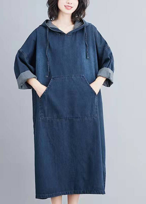 Italian Hooded Pockets Spring Clothes Denim Blue Traveling Dresses