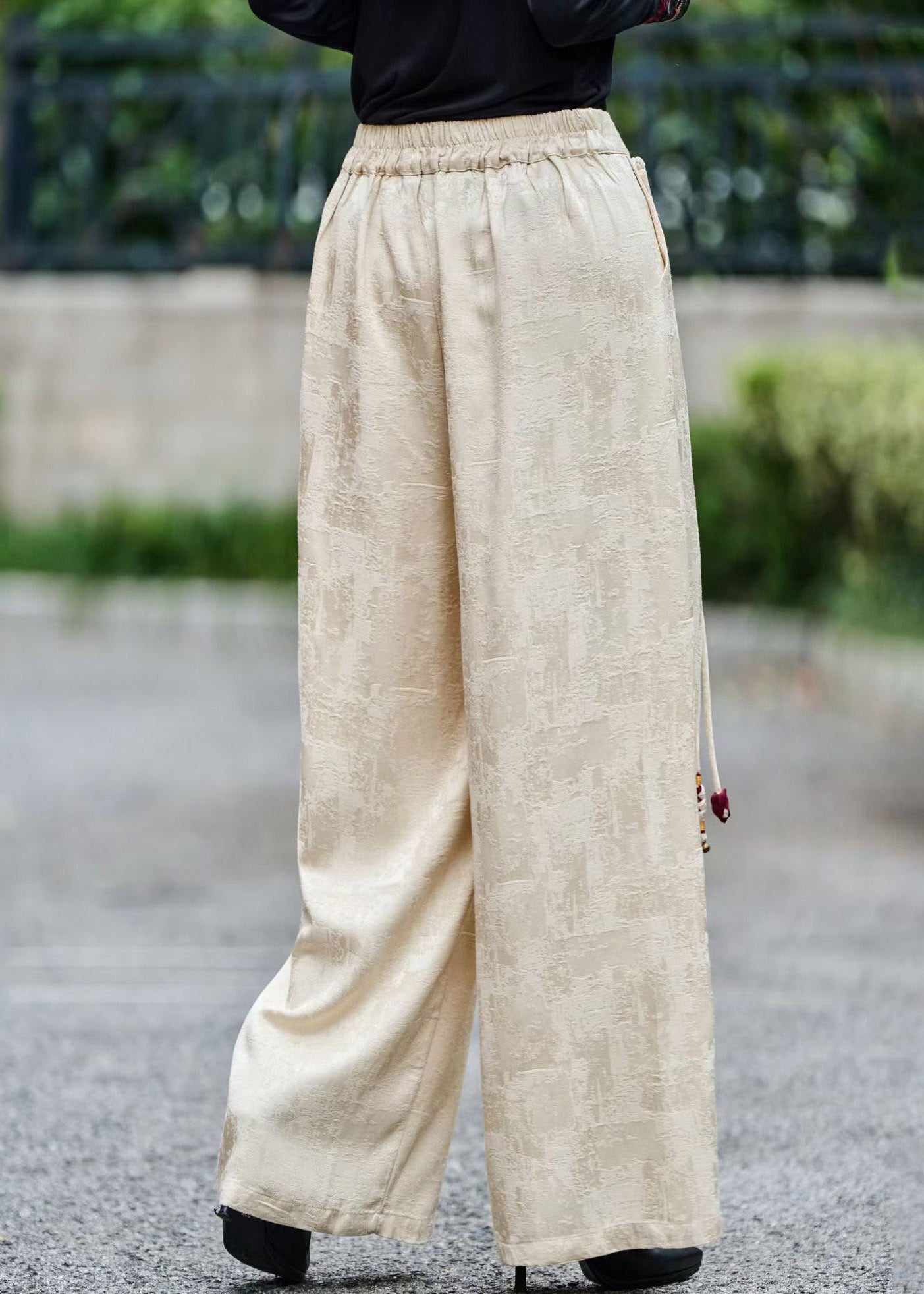Jacquard Beige High Waist Patchwork Satin Straight Pants Summer