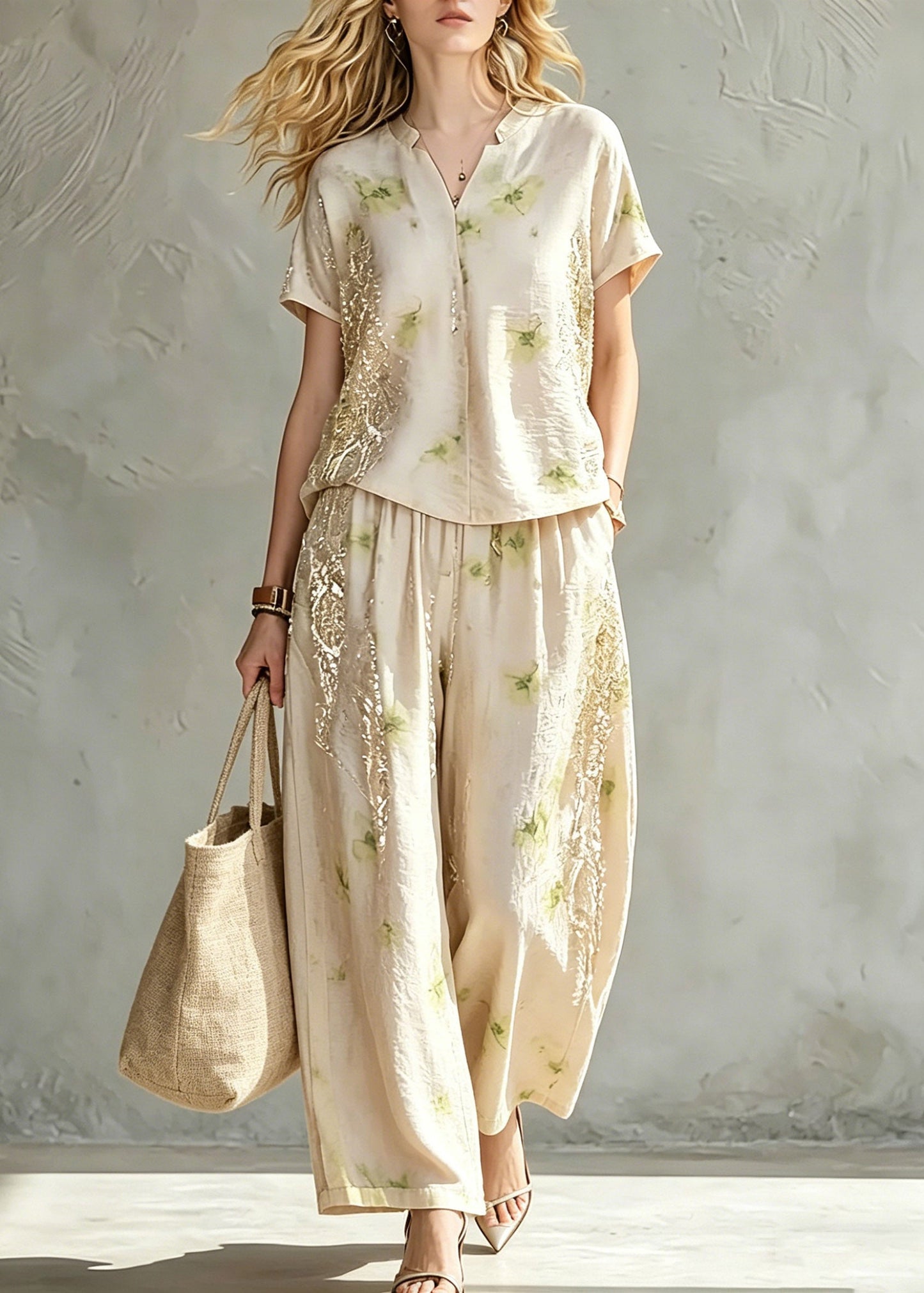 Jacquard Beige Patchwork Silk Tops and Wide Leg Pants Two Piece Set Summer