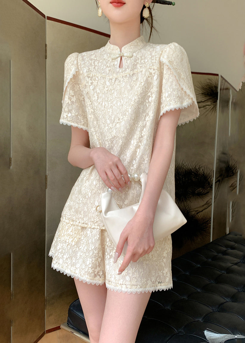 Jacquard Beige Stand Collar Lace Patchwork Chiffon Shirts and Shorts Two Pieces Set Summer