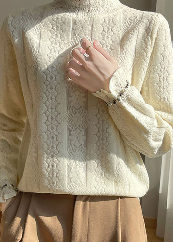 Jacquard Beige Turtleneck Cozy Cotton Knitted Tops Winter
