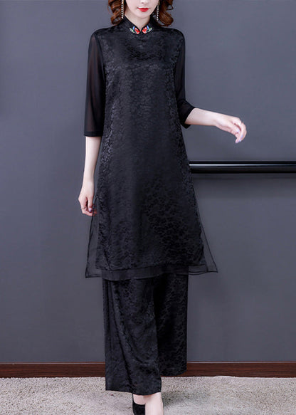 Jacquard Black Embroidered Silk Top and Wide Leg Pants Two Pieces Set Summer