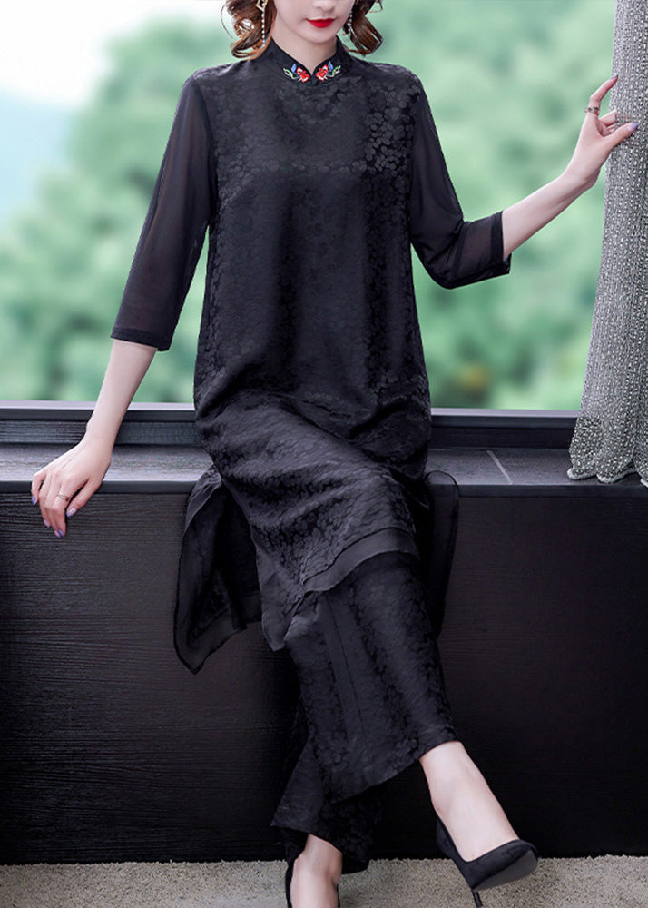 Jacquard Black Embroidered Silk Top and Wide Leg Pants Two Pieces Set Summer