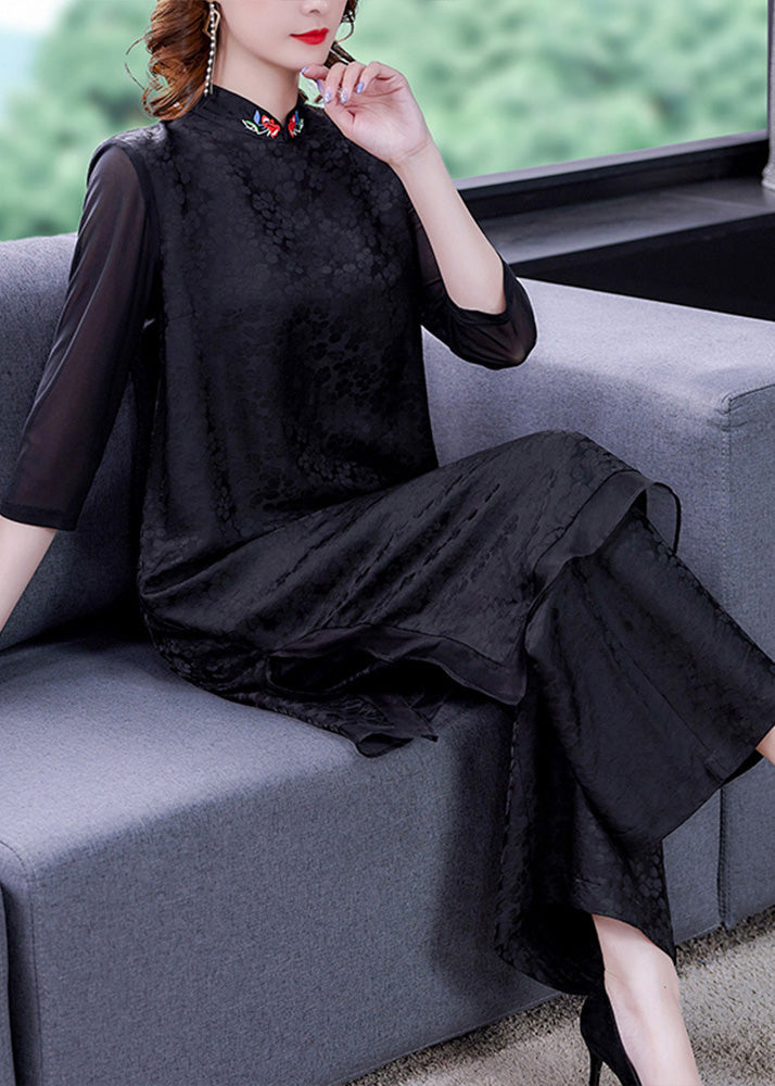 Jacquard Black Embroidered Silk Top and Wide Leg Pants Two Pieces Set Summer