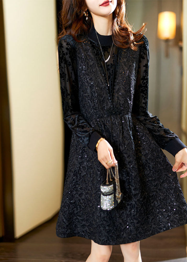 Jacquard Black O-neck Patchwork Nail Bead Fake Two Pieces Mid Dress Fall