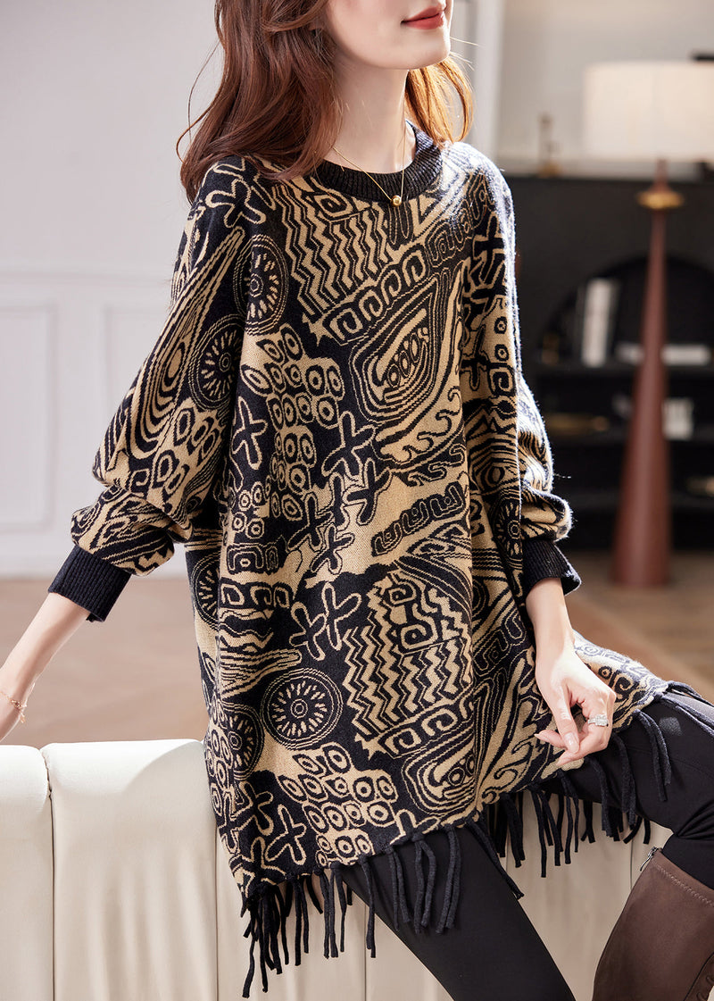 Jacquard Black O Neck Tasseled Knit Sweater Spring