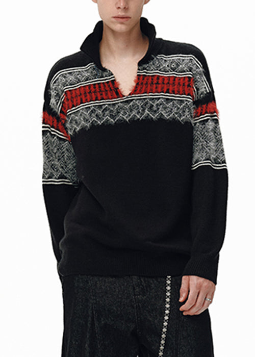 Jacquard Black Peter Pan Collar Patchwork Knit Sweater Winter