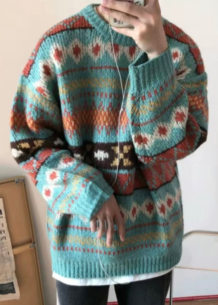Jacquard Blue O Neck Cozy Knit Sweaters Fall