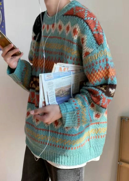Jacquard Blue O Neck Cozy Knit Sweaters Fall