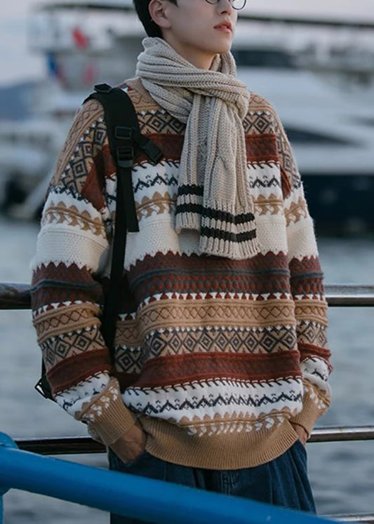 Jacquard Brown O Neck Cozy Knit Sweaters Fall