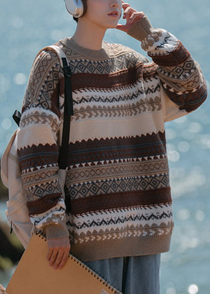 Jacquard Brown O Neck Cozy Knit Sweaters Fall