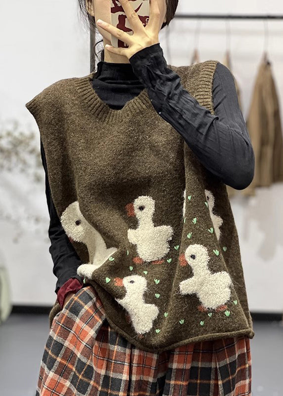 Jacquard Chocolate O-neck Cozy Cotton Knit Waistcoat Sleeveless
