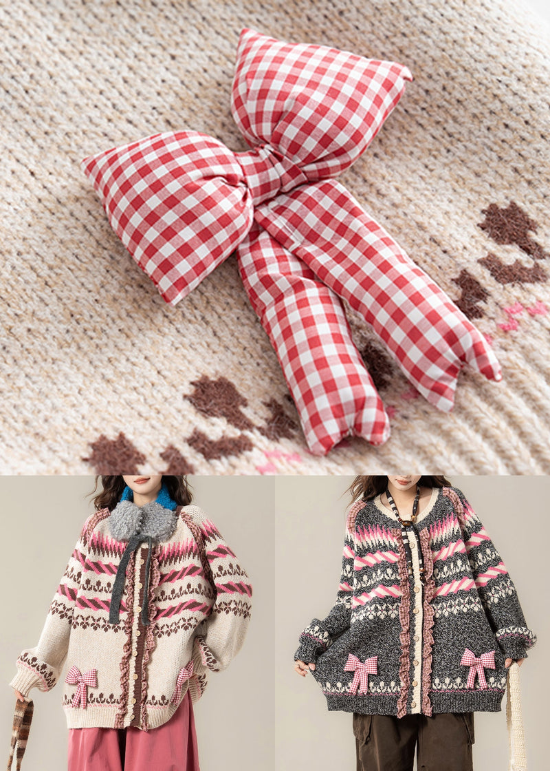 Jacquard Dark Gray Ruffled Bow Patchwork Knit Coats Spring