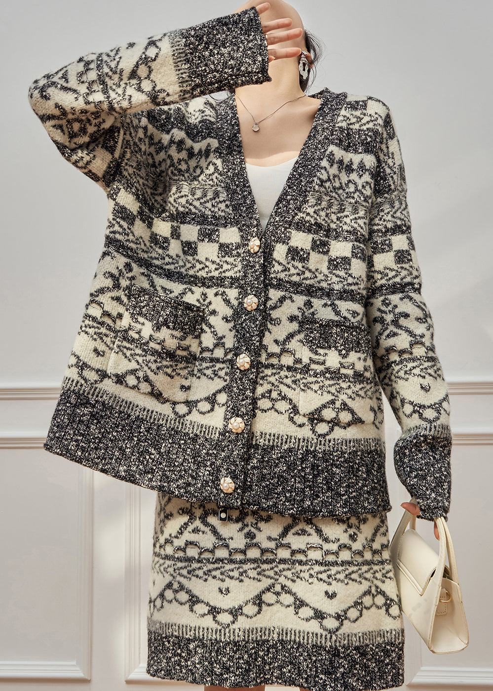 Jacquard Grey Button Pockets Coat and Skirts Knit Two Piece Set Winter