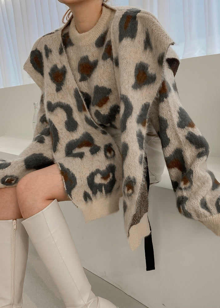 Jacquard Khaki O Neck Shawl and Sweater Knit Two Pieces Set Winter