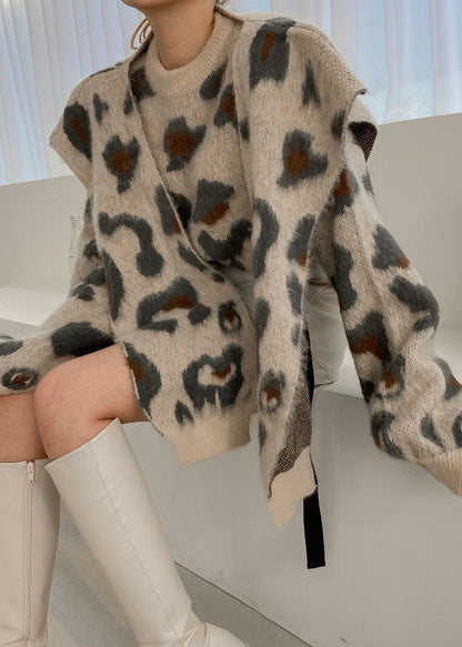 Jacquard Khaki O Neck Shawl and Sweater Knit Two Pieces Set Winter