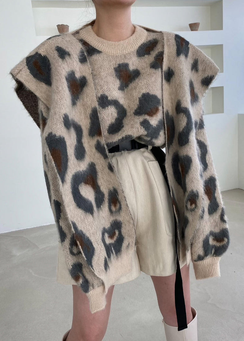 Jacquard Khaki O Neck Shawl and Sweater Knit Two Pieces Set Winter