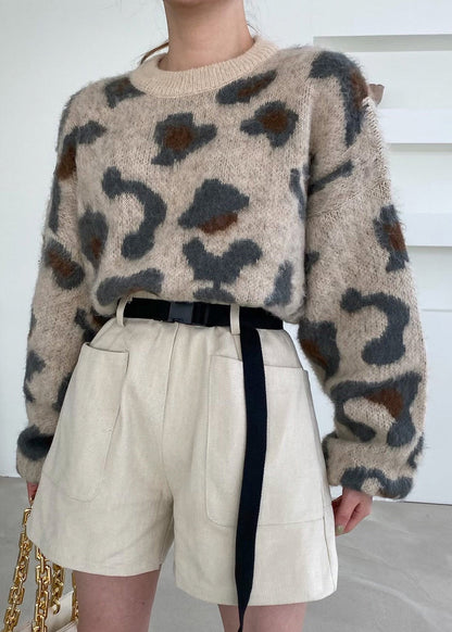 Jacquard Khaki O Neck Shawl and Sweater Knit Two Pieces Set Winter