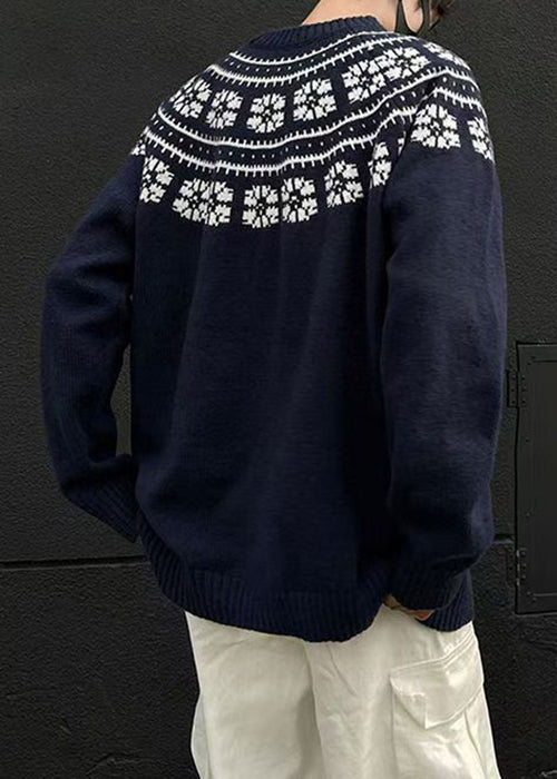 Jacquard Navy O-neck Cozy Knit Sweater Spring