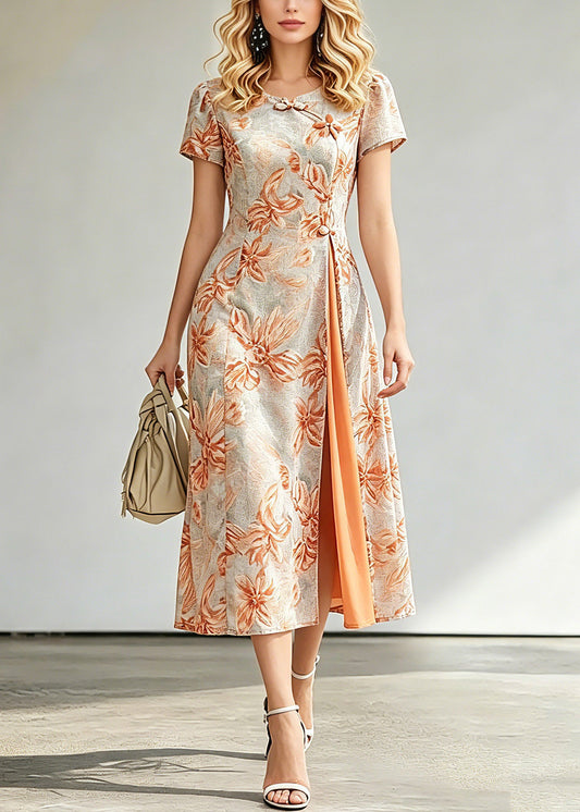 Jacquard Orange O-neck Asymmetrical Long Dresses Short Sleeve