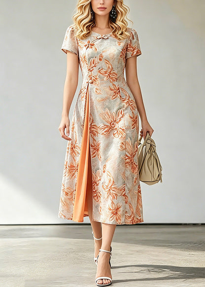 Jacquard Orange O-neck Asymmetrical Long Dresses Short Sleeve