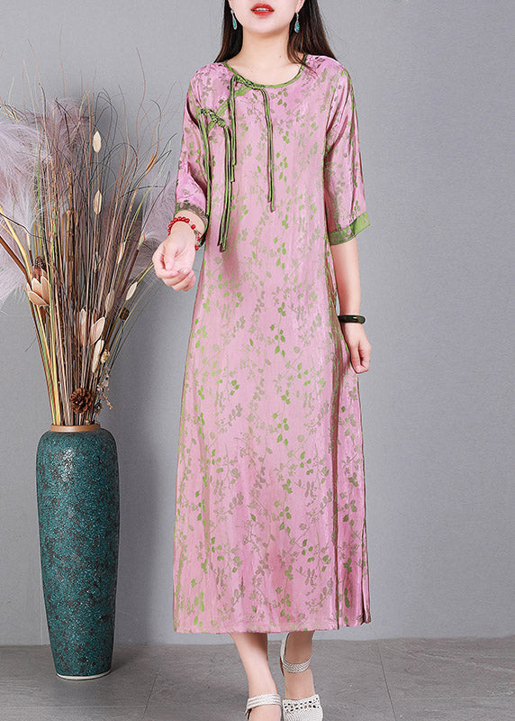 Jacquard Pink O-neck Print Button Silk Long Dress Half Sleeve
